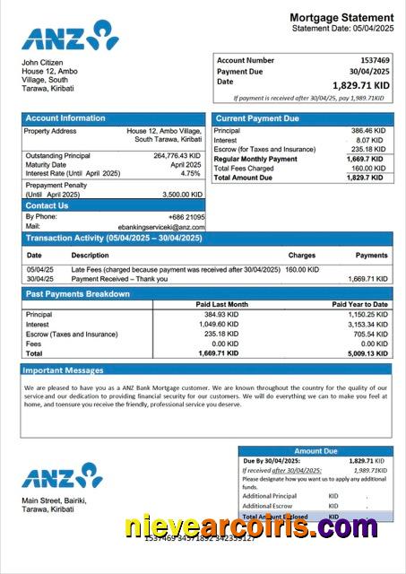 Kiribati ANZ Bank mortgage statement Word and PDF template